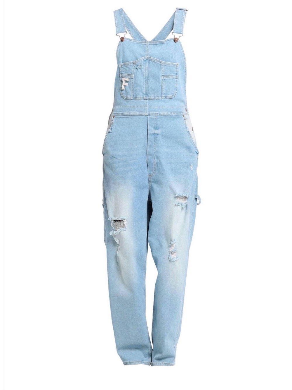 Fracomina Light Wash Distressed Denim Overalls with Heavy Rip & Rhinestones